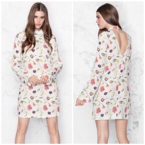 & Other Stories Deep V Open Back Floral Print Long Sleeves Mini Dress Size 6 NEW - Picture 1 of 13